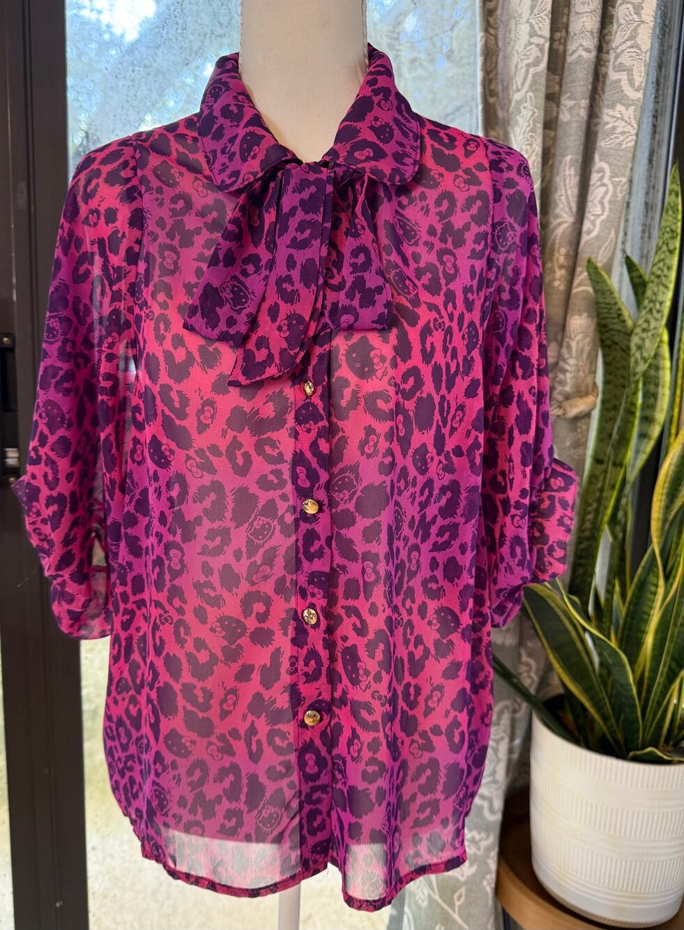 Hello Kitty x Target Pink Purple Leopard Sheer Bow Blouse M